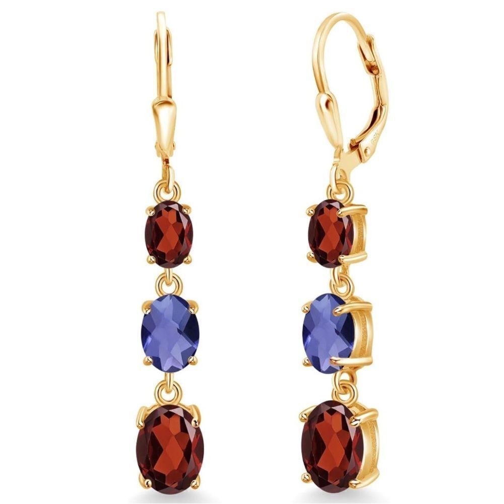 18K Yellow Gold with 5.44 Cttw 3 Stone Garnet and Blue Iolite Leverback Earrings
